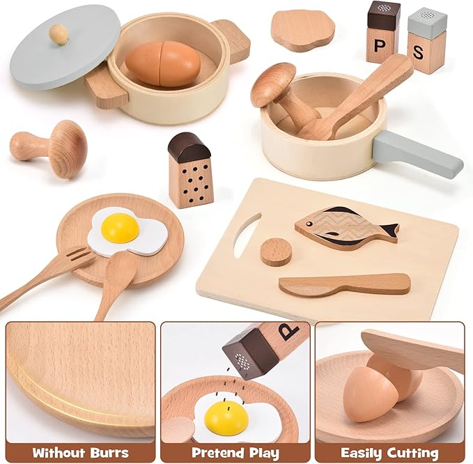 Atoylink Play Kitchen Accessories Wooden Toys Pots and Pans for Kids 23Pcs Montessori Kitchen Pretend Play Food Cooking Set for Toddler Boys Girls Age 2 3 4 5 Birthday Gifts