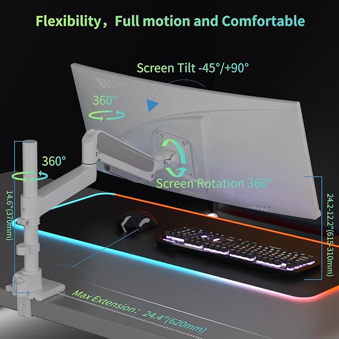 GUZHIKU Monitor Arm for 17 to 60 inch, Hold 44 lbs, Fully Adjustable Heavy Duty Desk Mount, Monitor Stand Fit 57 55 49", Ultrawide Monitors Bracket Clamp/Grommet Base VESA 75x75/100x100 (White)