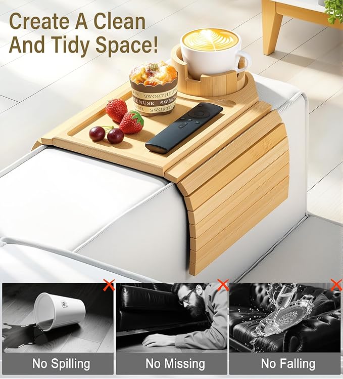 Couch Arm Tray, Bamboo Sofa Table for Couch, Sofa Arm Tray with Cup Holder, Non-Slip Armrest Organizer for Drink, Cup, Snack, Control, Easy to Clean, Natural