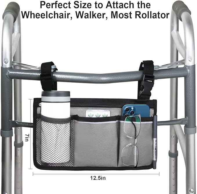 Wheelchair Side Bag, Armrest Storage Pouch with Cup Holder and Reflective Strip Use of Waterproof Fabric, for Most Wheelchairs, Walkers or Rollators (Gray)