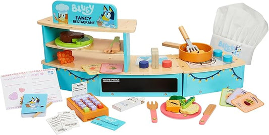 Bluey – Tabletop Restaurant – 32 Piece Wooden Roleplay Toy with Cutlery & Pretend Food Accessories for Kids – FSC-Certified Material – Fun Imaginative Kit for 3 Years and Up