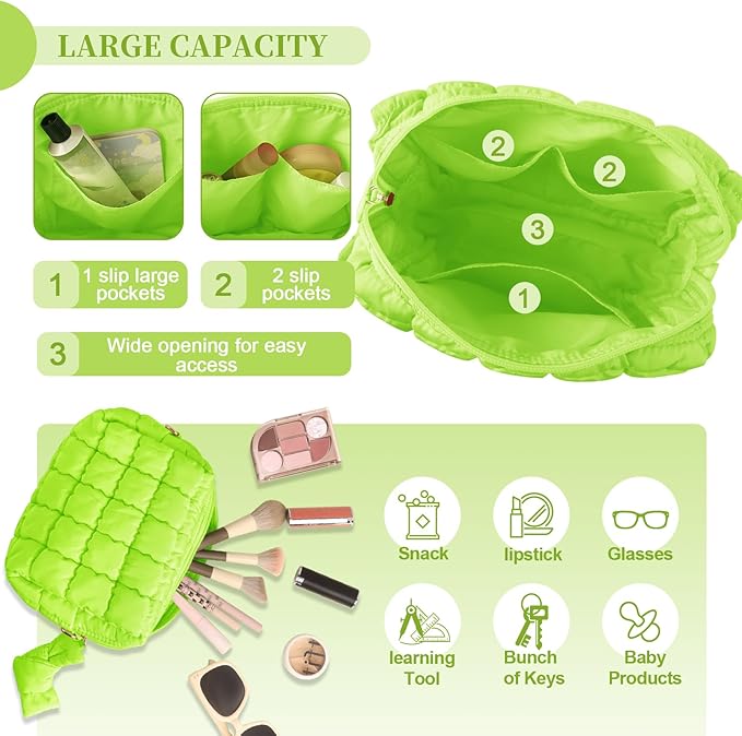 Puffer Quilted Makeup Bag Cosmetic Bags,Puffy Travel Toiletry Pouch for Women,Cute Checkered Zipper Bag Travel Essential,Portable Aesthetic Make up Organizer Bag for Gifts Work Daily(LightGreen,M)