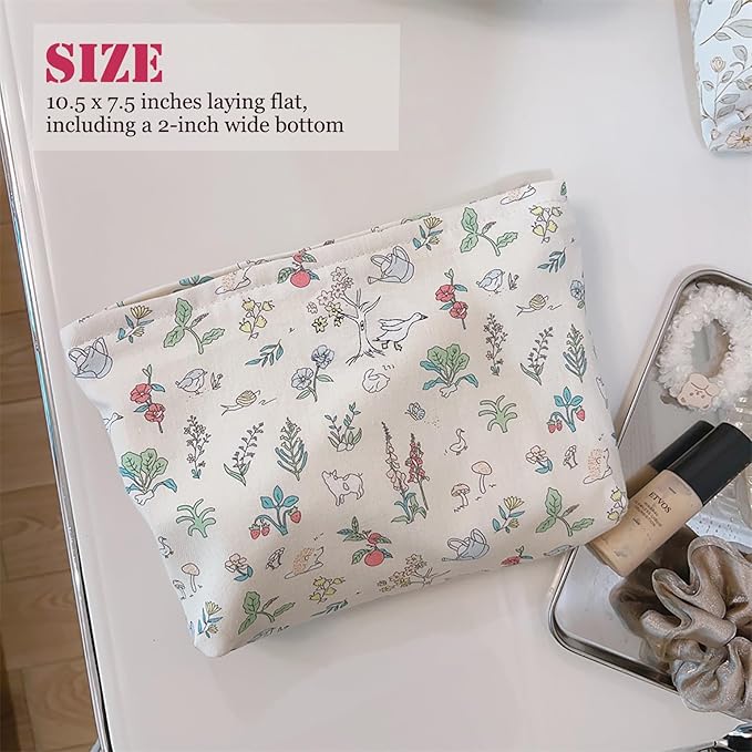 HAPPYHEIDI Large Floral Cotton Makeup Bag Cosmetic Travel Pouch, Make Up Purse Organizer, Canvas Lined Cute Creamy White