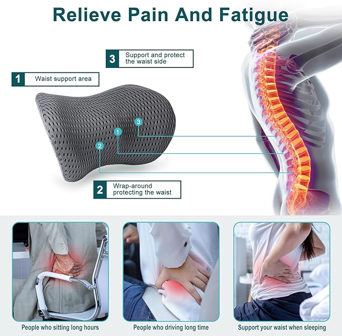 Lumbar Support Pillow, Memory Foam Neo Cushion Back Support Pillow for Lower Back Pain Relief, Ergonomic Lumbar Pillow for Car Seat, Office Chair, Bed and Recliner (Grey)