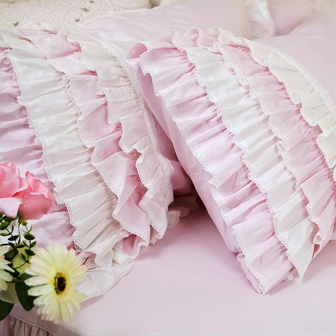 Helthep Pink Ruffle 3Pcs Duvet Cover Set Queen, 100% Cotton Girls Bedding Set Princess Lace Patchwork Soft Breathable Washed Cotton, (1 Duvet Cover + 2 PillowShams, Comforter Not Included)
