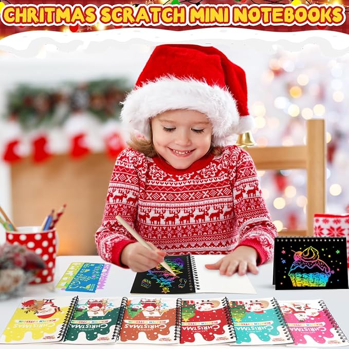 FEREDO KIDS Party Favors for Kids: 16 Pack Christmas Rainbow Scratch Art Notebook Classroom School Supplies Bulk for Girls Boys Goodie Bags Stuffers, Return Gifts for Birthday Party Gift Kid Crafts