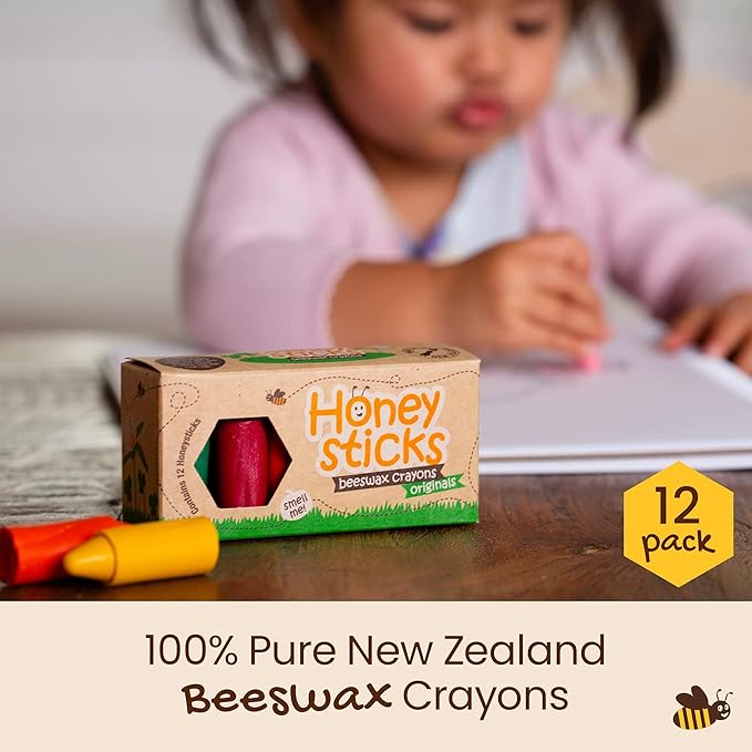 Honeysticks 100% Pure Beeswax Crayons (12 Pack) - Non-Toxic Crayons, Safe for Babies and Toddlers, For 1 Year Plus, Handmade in New Zealand with Natural Beeswax and Food-Grade Colors, Eco-Friendly.