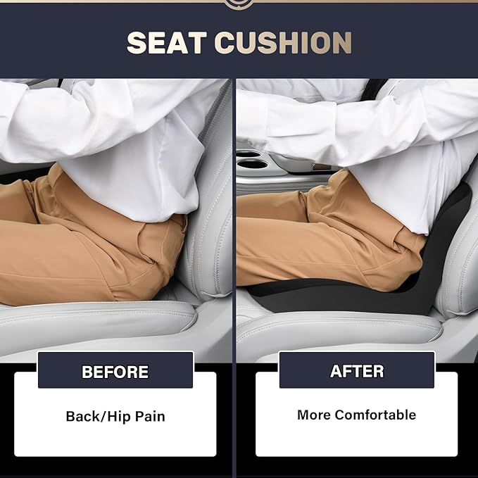 Coverado Car Seat Cushion and Lumbar Support Pillow One Piece, Memory Foam Ergonomic Back Support Driving Seat Cushion for Back Pain, Non-Slip Washable Cushion for Car, Driver, Office
