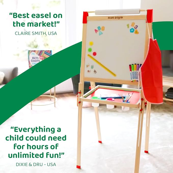 Blue Squid Art Easel for Kids Including 100+ Accessories - Double Sided Adjustable Wooden Painting Easel with Magnetic Chalk Board, White Board and Paper Roll for Toddlers Ages 3,4,5,6,7,8,9,10,12
