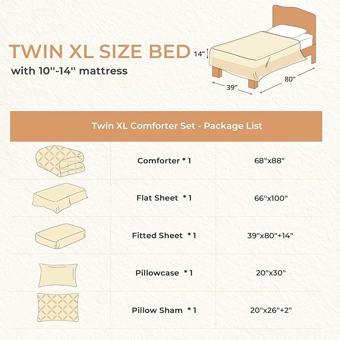 Sasttie Twin XL Comforter Set, 5-Piece Bed in a Bag, Pintuck Bedding Sets for All Season, Includes Comforter, Flat Sheet, Fitted Sheet, Pillowcase and Pillowsham, Brown