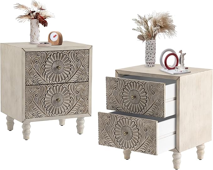 COSIEST 2 Pieces Nightstand, 14" D x 18" W x 21.5" H MDF End Table with 2 Drawers, Vintage Style Wood Bedside Table, Bedroom Accessories for Home, Office, College Dorm