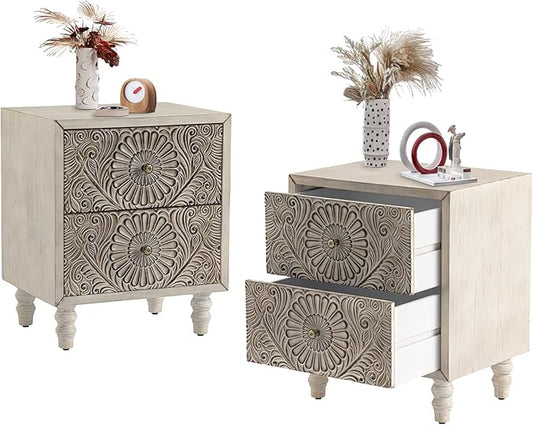 COSIEST 2 Pieces Nightstand, 14" D x 18" W x 21.5" H MDF End Table with 2 Drawers, Vintage Style Wood Bedside Table, Bedroom Accessories for Home, Office, College Dorm
