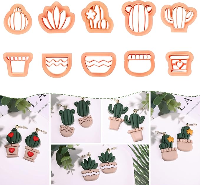 Puocaon Cactus Polymer Clay Cutters - 10 pcs Clay Cutters for Earrings Making, Cactus and Flowerpot Shapes Clay Cutters for Polymer Clay Jewelry, Adorable Mini Clay Cutters for Handmade Craft