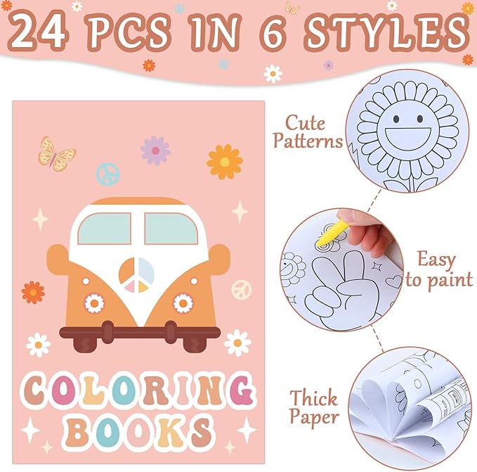48Pcs Bulk Groovy Coloring Books with Crayons Boho Rainbow Coloring Books for Kids Hippie Bus Retro Flowers Pattern DIY Hand Drawing for Boys Girls Groovy Birthday Party Favors