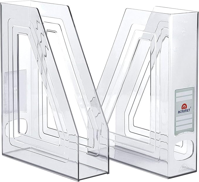 Acrimet Magazine File Holder – Vertical Rack for Documents, Folders and Mail, Durable Plastic Desk Organizer for Office & Home, Clear Crystal (2 Pack)