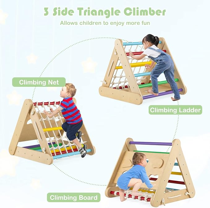 HONEY JOY 4-in-1 Triangle Climber with Ramp, 3-Side Kids Climbing Triangle Ladder with Net Rope & Bars, Wooden Montessori Climbing Toys for Toddlers Daycare, Gym & Playground, Gift for Boys Girls