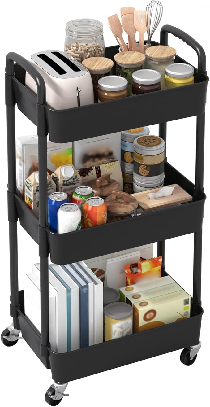 Sywhitta 3-Tier Plastic Rolling Utility Cart with Handle, Multi-Functional Storage Trolley for Office, Living Room, Kitchen, Movable Storage Organizer with Wheels, Black