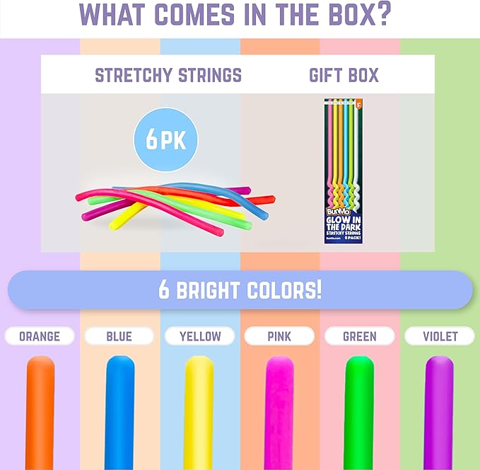 BUNMO Stretchy Strings - Sensory Toys for Toddlers - Stimulating & Addictive Sensory Toys for Kids - Fidget Toy - Hours of Fun for Kids - Non-Mouthable Toy 3+ - Glow 6 Pack