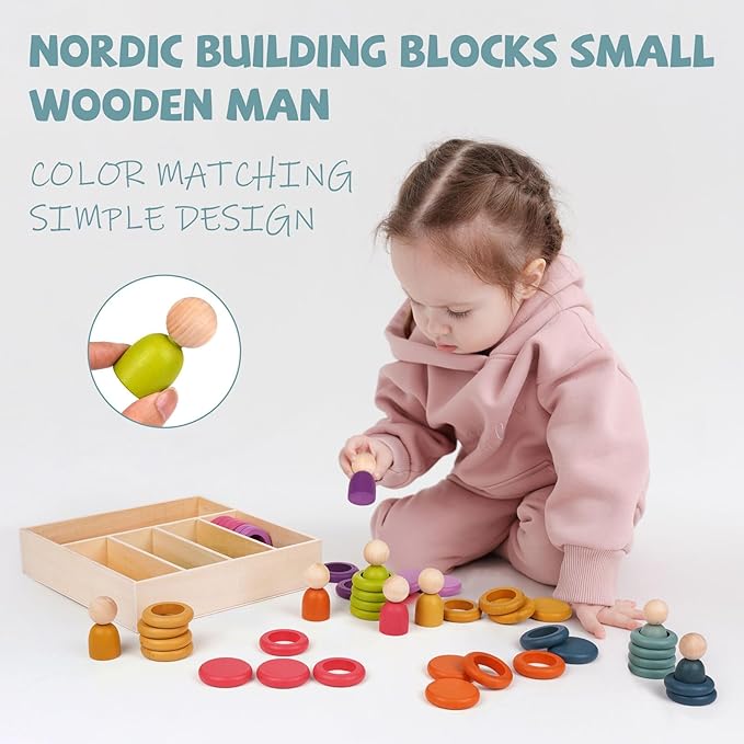 Montessori Toys Wooden Color Sorting Stacking Rings Toy Rainbow Wooden Peg Dolls Counting Toys Circular Building Blocks Stacking Game Preschool Learning Education Fine Motor Skill Toys for Toddlers