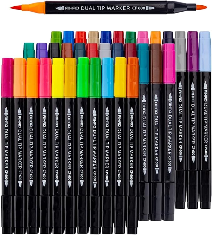 AIHAO Markers for Kids,Dual Tip Markers Set, Brush & Fine Tips, 36 Pack, Super Washable Marker With Stand Portable Box, Coloring, Doodling, Sketching, Art Supplies for Drawing, Journaling