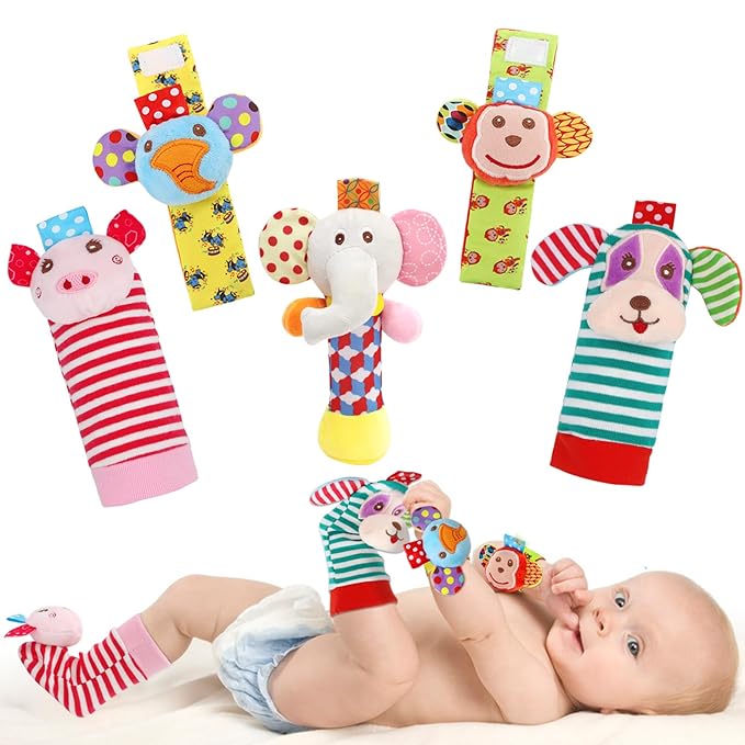 BLOOBLOOMAX Wrist Rattles Foot Finder Rattle Sock Baby Toy,Rattle Toy,Arm Hand Bracelet Rattle,Feet Leg Ankle Socks,Activity Rattle Present Gift for Newborn Infant Babies Boy Girl Bebe (5pcs-E)