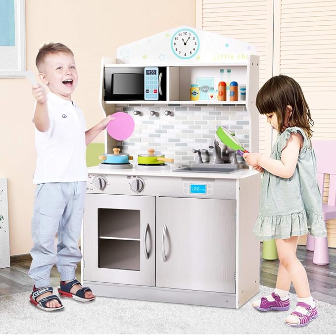 Costzon Kids Kitchen Playset, Wooden Pretend Chef Cooking Toy Kitchen with Realistic Sound, Microwave, Sink, Cookware Accessories, Play Kitchen for Toddlers, Boys, Girls, Gift for Ages 3+