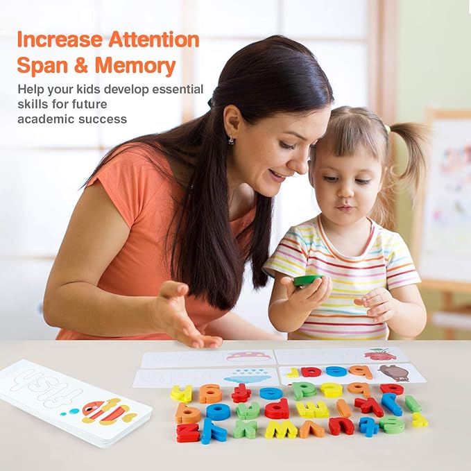 Coogam Read Spelling Learning Toy, Wooden Alphabet Flash Cards Matching Sight Words ABC Letters Recognition Game Preschool Educational Tool Set for 3 4 5 Years Old Girls and Boys Kids