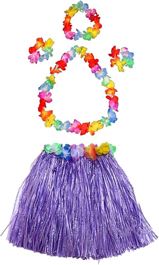 Fortuning's JDS Girl's elastic Hawaiian hula dancer grass skirt with flower costume set -purple Birthday Tropical Party Decorations
