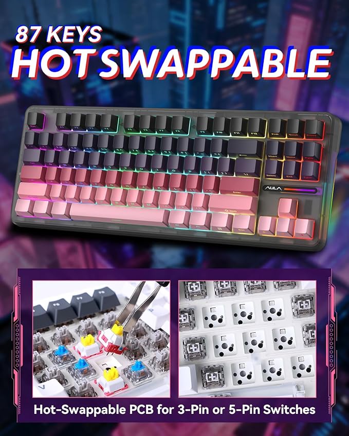 Aula F87 Pro Gaming Keyboard, Tri-Mode BT5.0/2.4GHz/USB-C Hot-Swappable RGB Wireless Mechanical Keyboard, Gasket Mount, 8000mAh, for Windows/Mac Gamer & Typists（LEOBOG Gray Wood Switch V4）