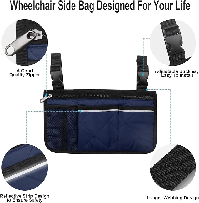 Wheelchair Side Bag, Armrest Storage Pouch with Cup Holder and Reflective Strip for Wheelchairs, Walkers or Rollators (Blue)