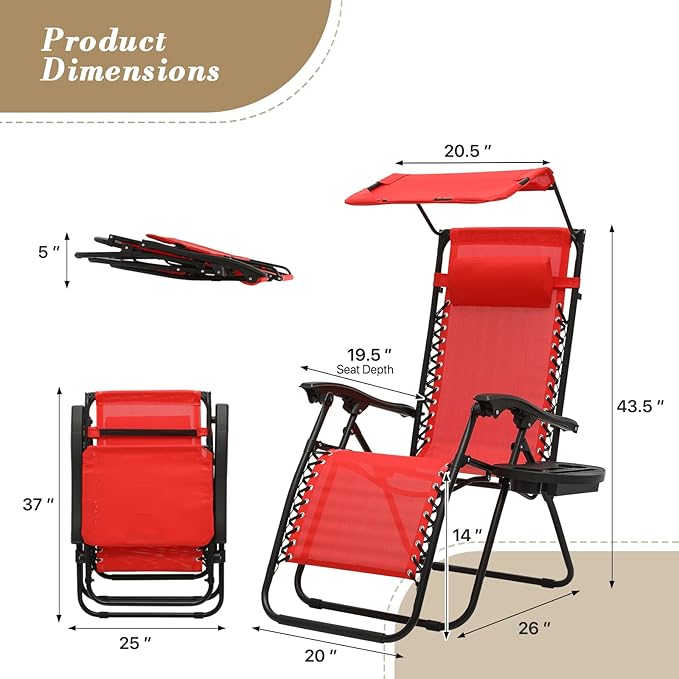 Athena Collection Zero Gravity Outdoor Lounge Chair Set of 2 with Canopy Shade, 25" Width Pool Lounge Lawn Chairs Reclining with Cup Holder, Outdoor Chaise for Beach Patio Outside, Red