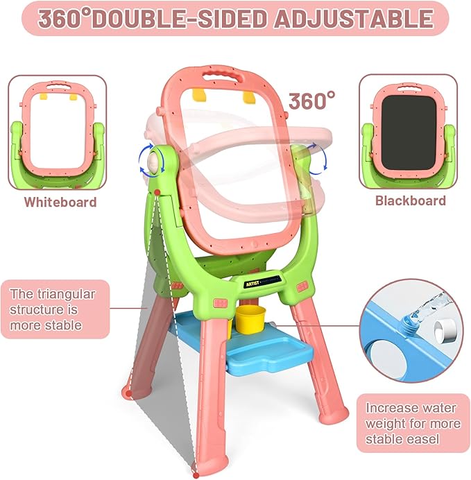 Kids Art Easel and Toddler Ease,Equipped with A Little Bench, Blackboard and Whiteboard, Toddler Art Supplies, Drawing Easel for Toddlers 3-5,Gifts for Children (Pink+Green)