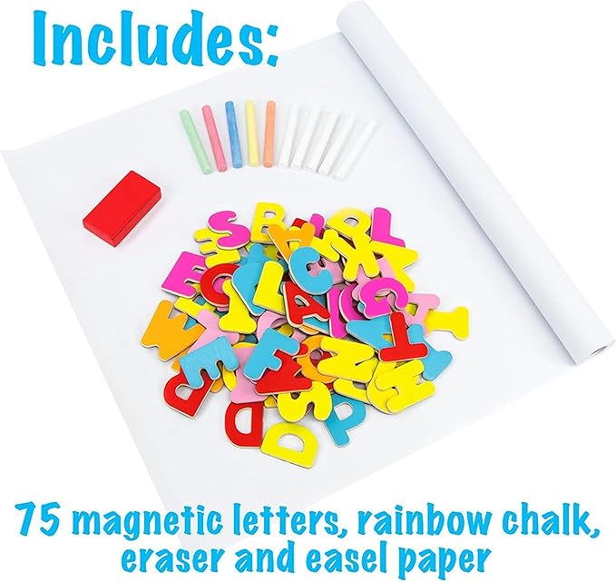 Little Artists 3-in-1 Standing Easel | Includes 75 Magnetic Letters, Rainbow Chalk, Eraser, and Easel Paper | Wooden Wonders Kids Creative Art Drawing Board | Art Class and School Teacher Activity