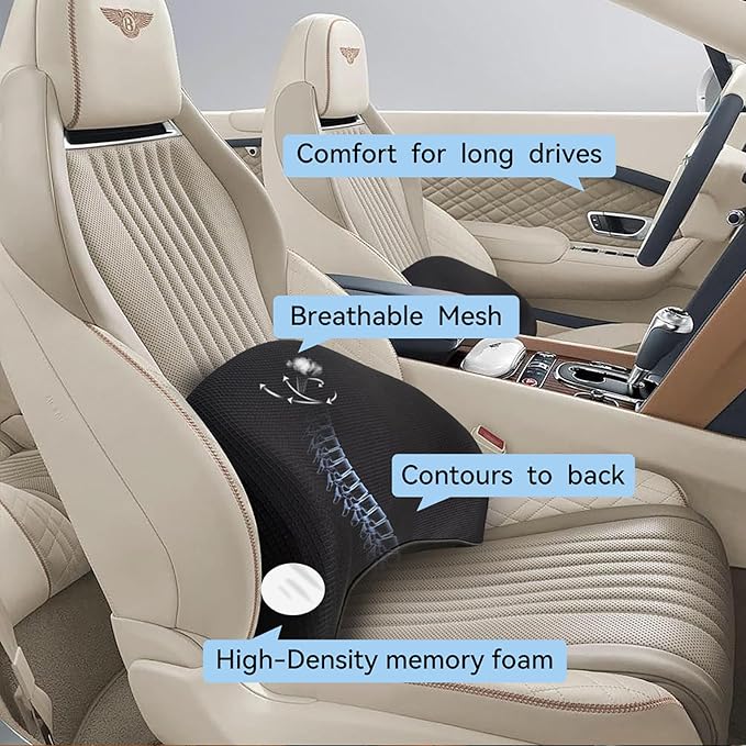 Lumbar Support Pillow for Car, 100% Memory Foam Lumbar Pillow with Breathable Removable Cover, Ergonomic Design - Back Pillow Lumbar Support Pillow for Car Seat/Back Pain Relief(Ice Silk Black, 1PC)