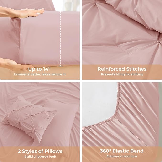 Sasttie Twin Comforter Set, 5-Piece Bed in a Bag, Pintuck Bedding Sets for All Season, Includes Comforter, Flat Sheet, Fitted Sheet, Pillowcase and Pillowsham, Rose Gold