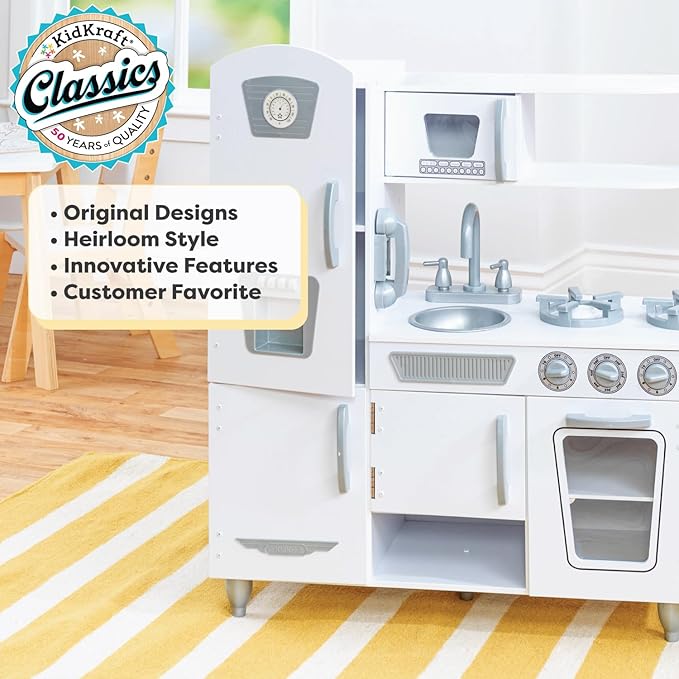 KidKraft Vintage Wooden Play Kitchen with Pretend Ice Maker and Play Phone, White
