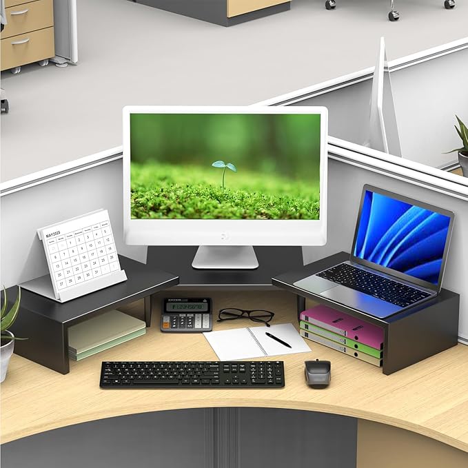 OUTIOE Dual Monitor Stand for Desk, Metal Computer Stand, Desk Shelf Riser,Desktop Organizer for Home and Office Use (Black)