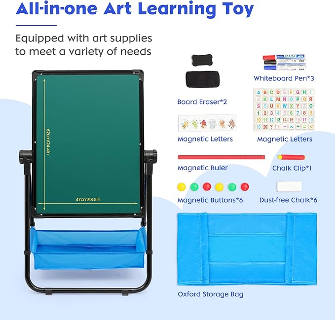 Kids Standing Easel 29.5inch-44inch Height Adjustable 360°Rotating Whiteboard&Chalkboard Double Sided Easel for Kids