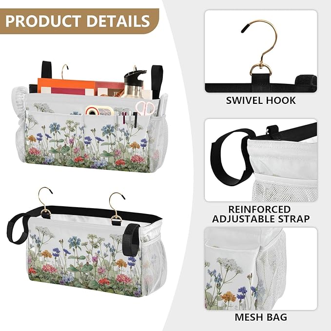 Wildflower Bloom Blue Bedside Caddy for Dorm Bed Bedside Hanging Caddy Bag Iron Frame Storage Organizer Pocket for Bunk Home College Hospital Beds 2 Hooks