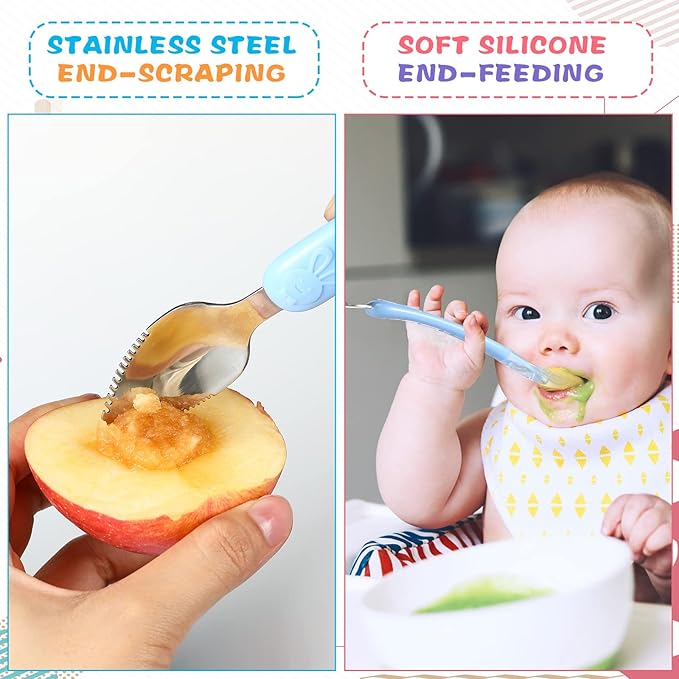 Lallisa 4 Pcs Double Head Baby Silicone Food Spoon Baby Fruit Scraping Mud Spoon Soft Feeding Food Scraper for Infants Fruit Feeding (Multicolor)