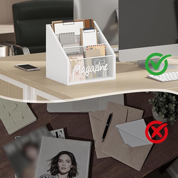 YATINEY Magazine Holder, Wood Magazine Rack Floor, Mail Organizer Countertop, Magazine Mail Holder Sorter, Record Holder for Magazines, Books, Newspapers, Tablets, White MR02WW