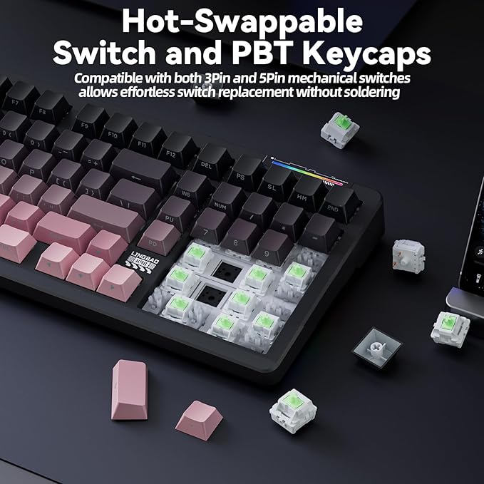LINGBAO K98 - 96% Wireless Mechanical Keyboard, Tri-Mode BT5.0/2.4GHz/USB-C, Creamy Keyboard with Number Pad, Gasket Hot Swappable Linear Switches RGB Backlit Gaming Keyboards for Win/Mac/PC, (Pink)