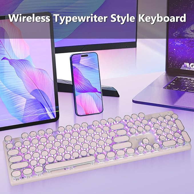 Redragon K710 Wireless Typewriter Mechanical Gaming Keyboard, Bluetooth/2.4Ghz/Wired, RGB Led Backlit, Blue Switch - Clicky, Rechargeable, Solid Metal Panel, Round Keycaps, Pink