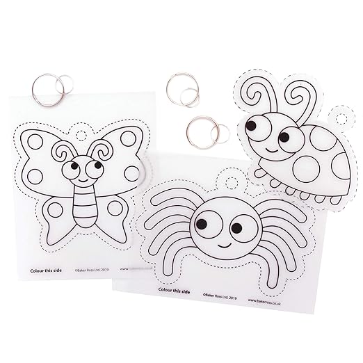 Baker Ross AT609 Bug Super Shrink Keyring Kits - Pack of 8, Make Your Own Key Rings for Kids to Color In, Make and Display, White