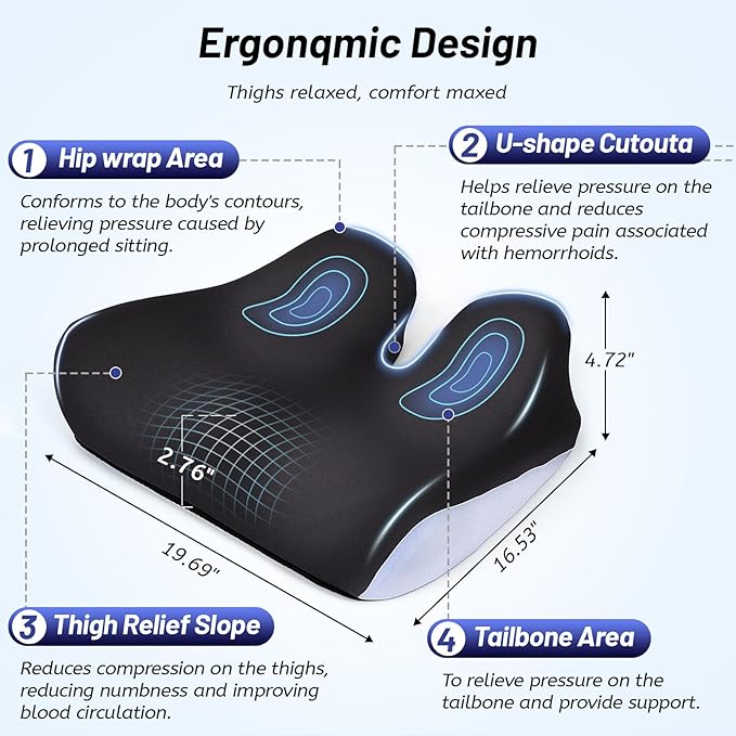 Ergonomic Seat Cushion for Office Chair, Extra Large Car Seat Cushion, Memory Foam Chair Cushion for Tailbone Pain Relief & Pressure Relief Sciatica and Back Support for Long Sitting (Blue)