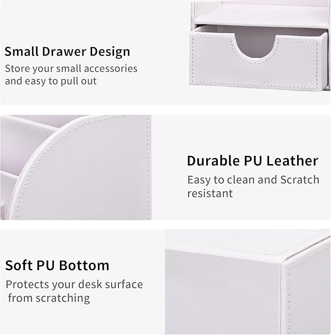KINGFOM Pu Leather Desk Organizer Pen Pencil Holder Office Supplies Caddy Storage Box 6 Compartments with Drawer White (Full Pu Leather)