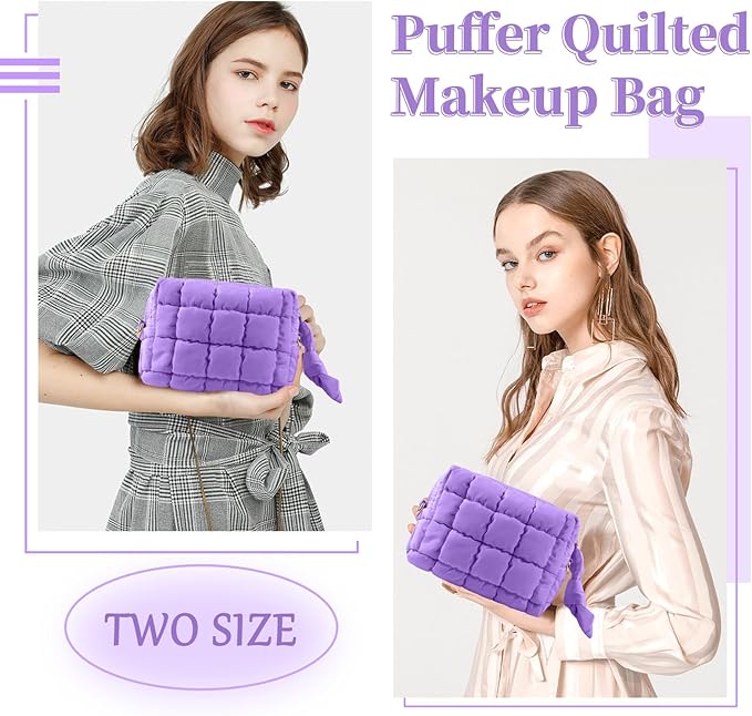 Puffer Quilted Makeup Bag Cosmetic Bags,Puffy Travel Toiletry Pouch for Women,Cute Checkered Zipper Bag Travel Essential,Portable Aesthetic Make up Organizer Bag for Gifts Work Daily(Purple,S)