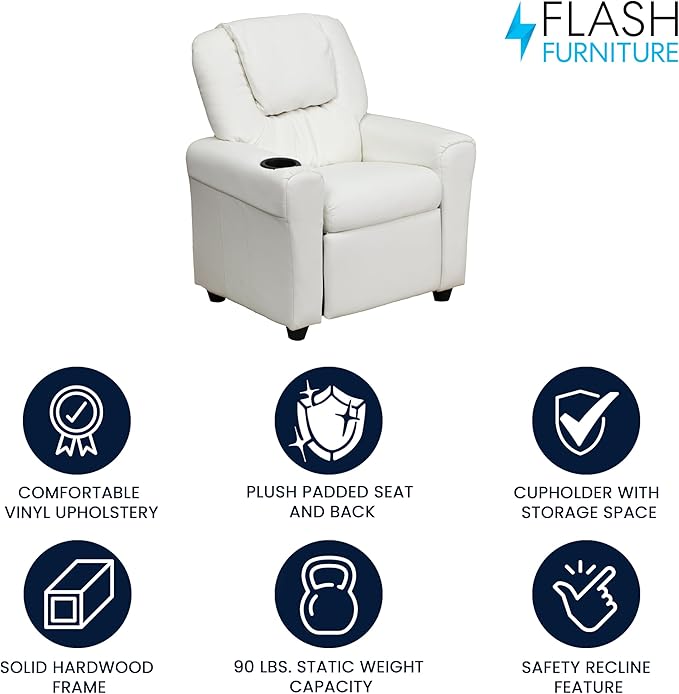 Flash Furniture Vana Vinyl Kids Recliner with Cup Holder, Headrest, and Safety Recline, Contemporary Reclining Chair for Kids, Supports up to 90 lbs., White
