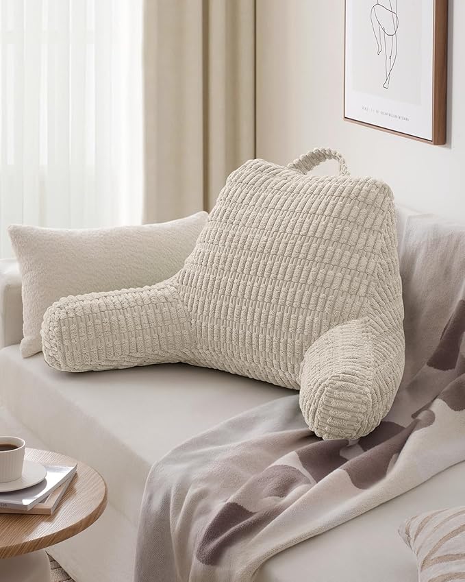 Blissful Diary Reading Pillow, Large Backrest Pillow with Shredded Memory Foam for Adult & Children, Designed for Bed and Couch Sitting Up, Includes Arms, Pockets and Washable Cover, Off White