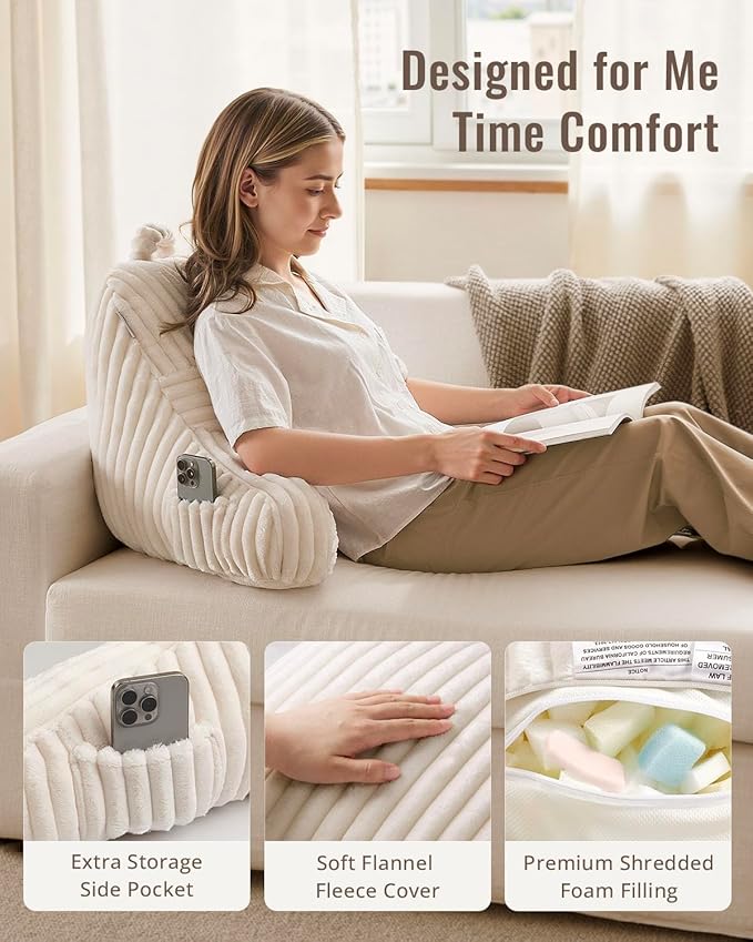 Blissful Diary Reading Pillow for Sitting in Bed, Flannel Back Pillow Bed Sitting Up for Adult & Children, Backrest Cushion for Sit Up in Couch or Floor, Dorm Essentials, Ivory White